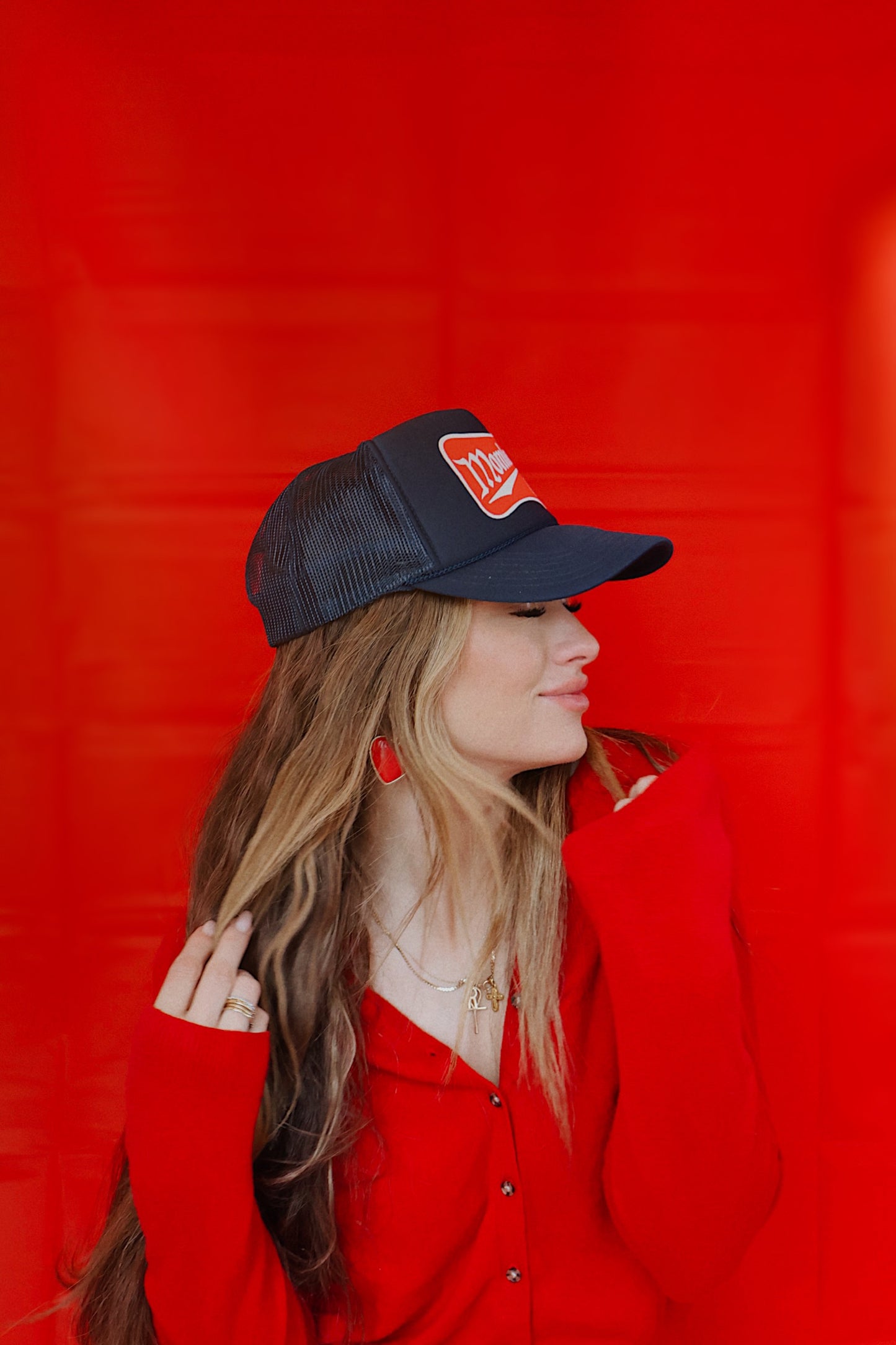 MOMLAND™️ Red Patch Trucker Hat in Navy