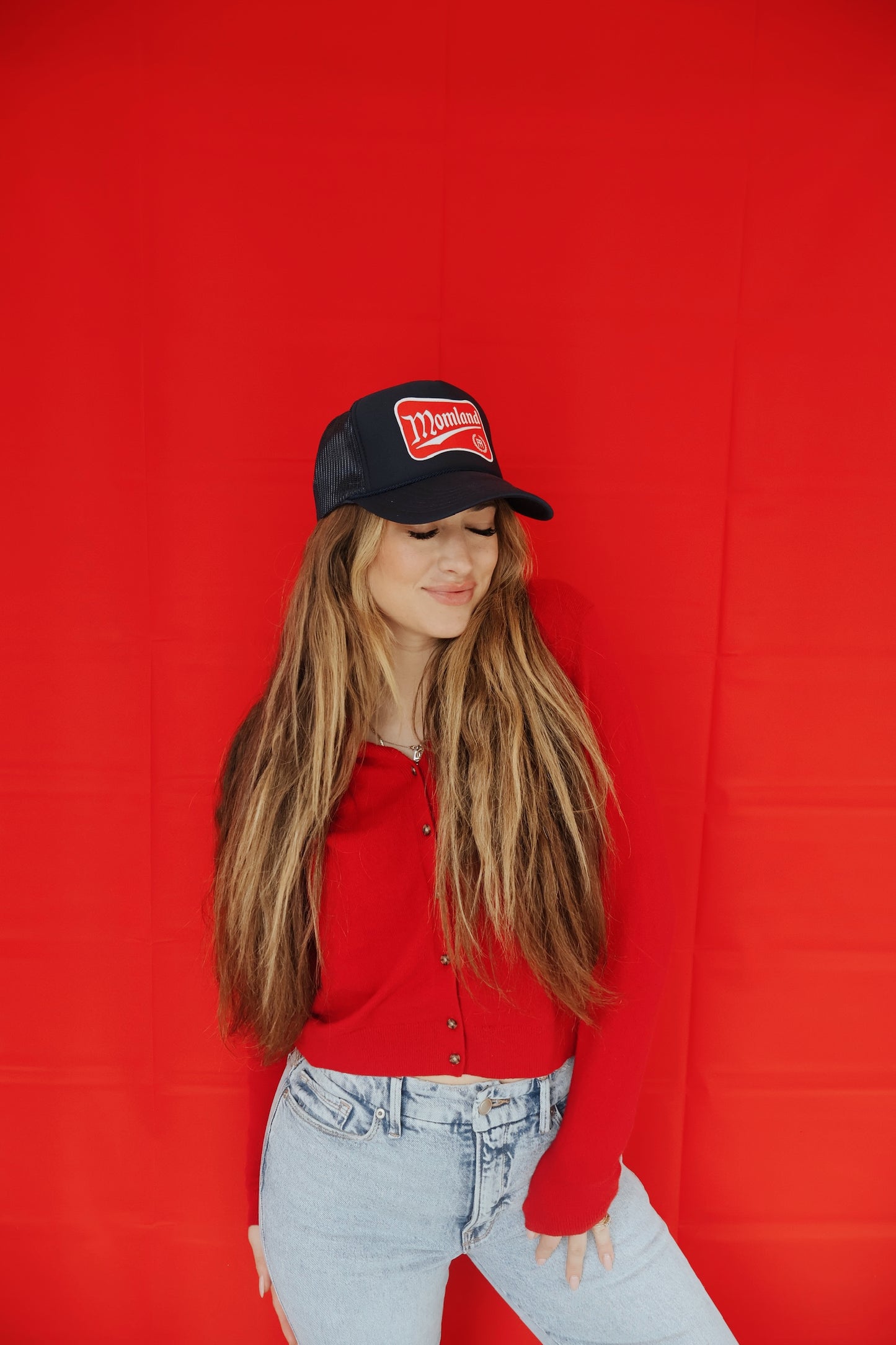 MOMLAND™️ Red Patch Trucker Hat in Navy