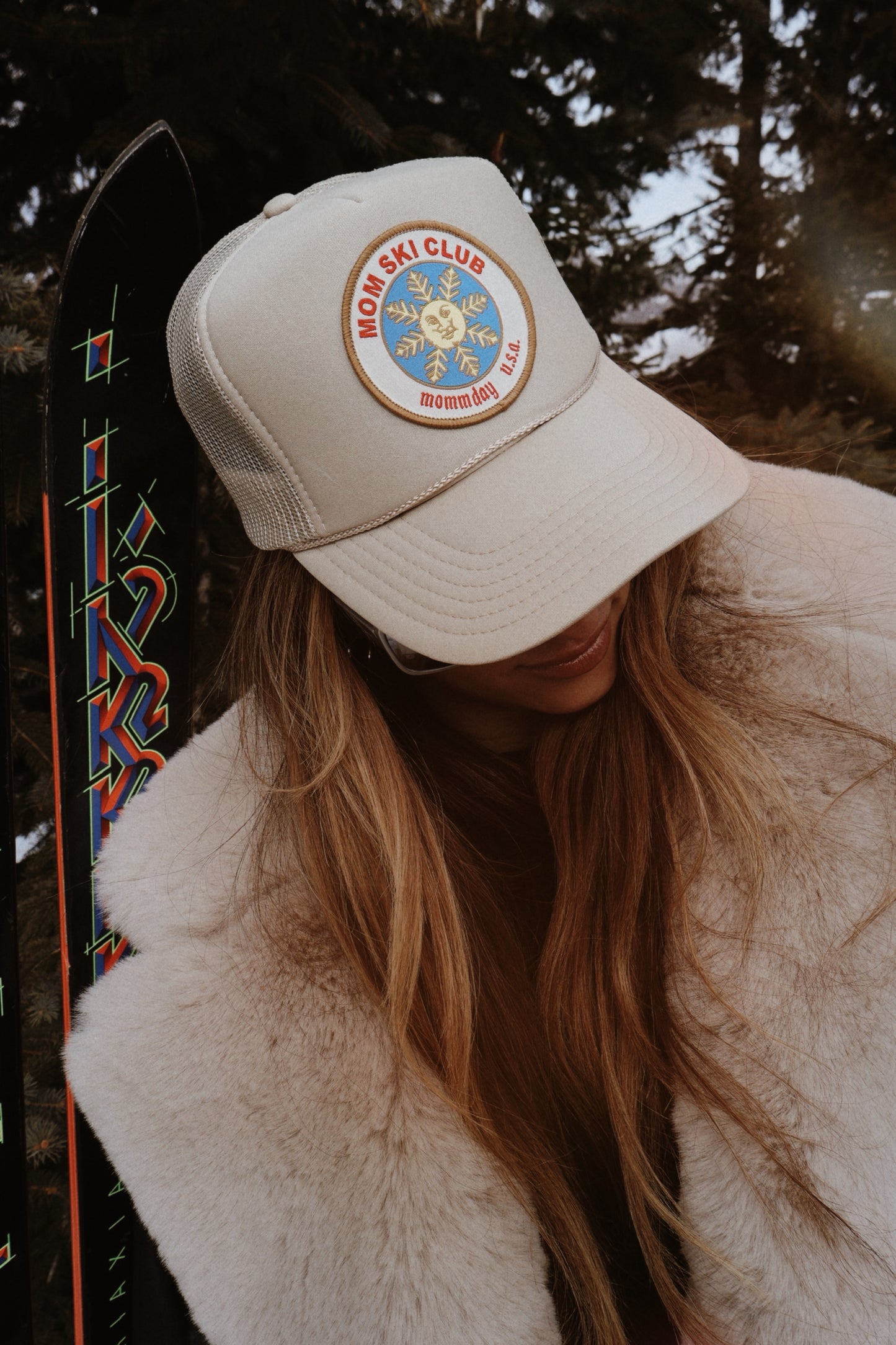 SKI MOM CLUB trucker hat on Tan