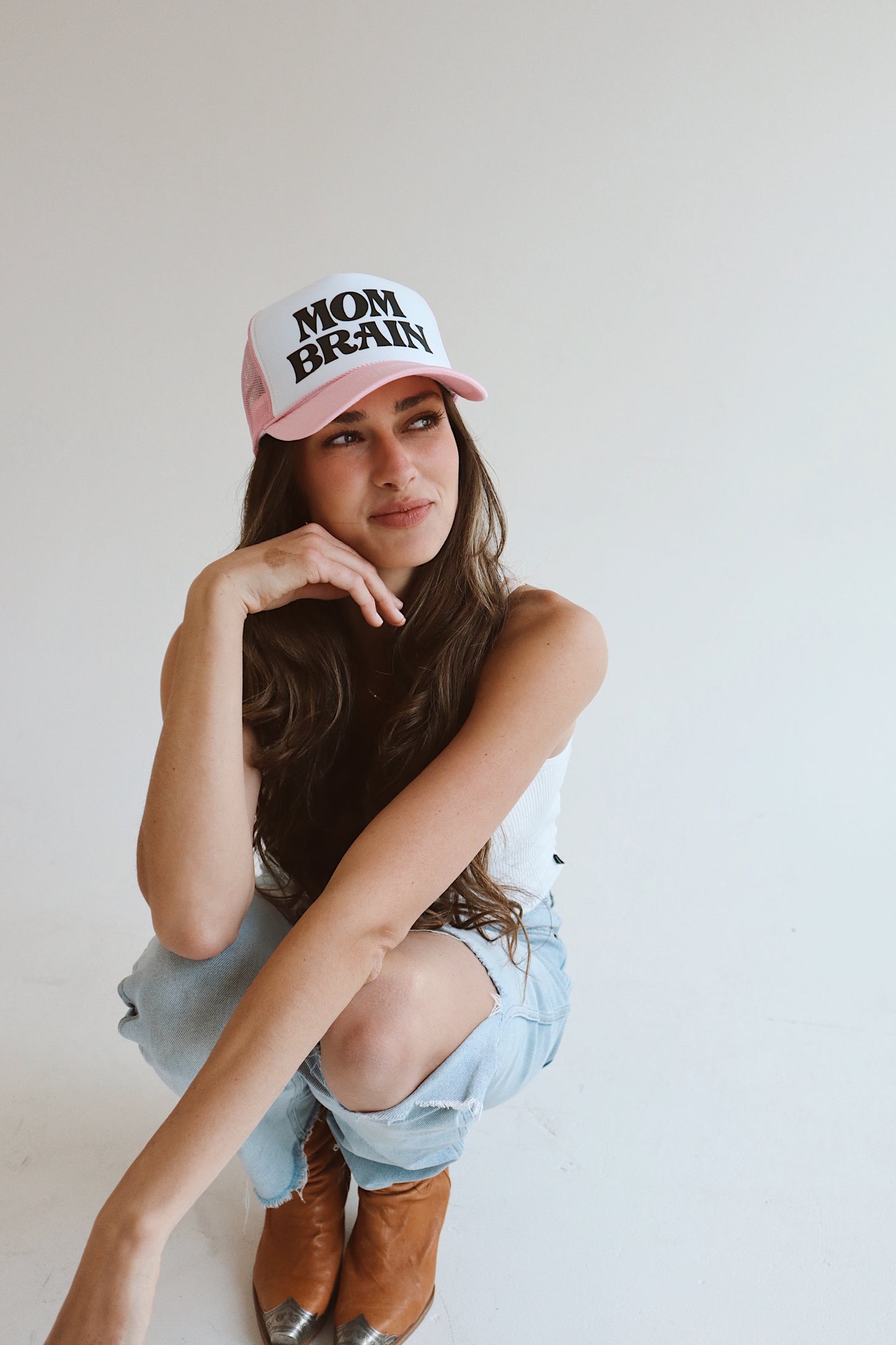 Mom Brain pink and white trucker hat