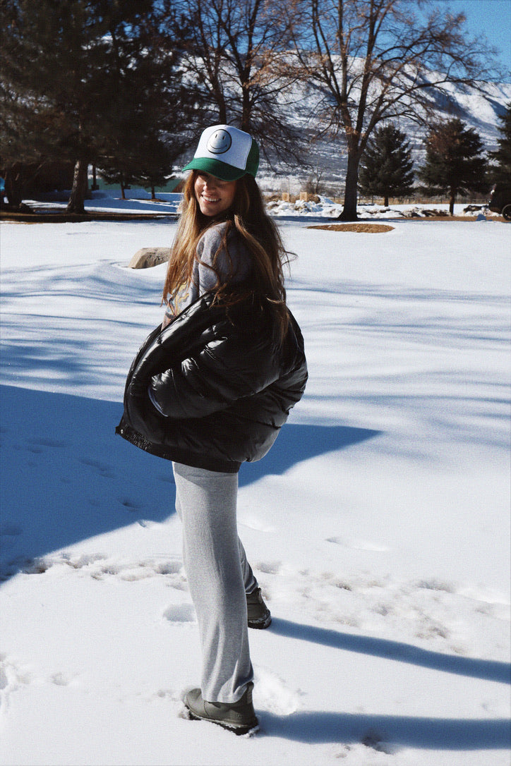 Silver Leather Smiley on Green and White Trucker Hat