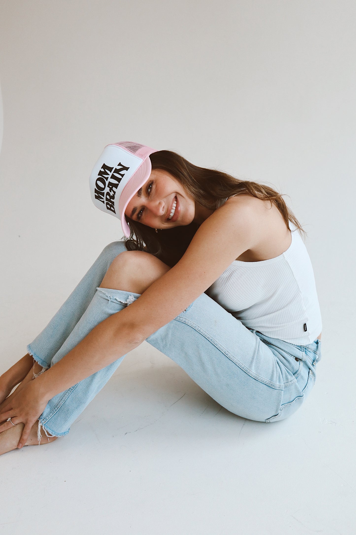 Mom Brain pink and white trucker hat