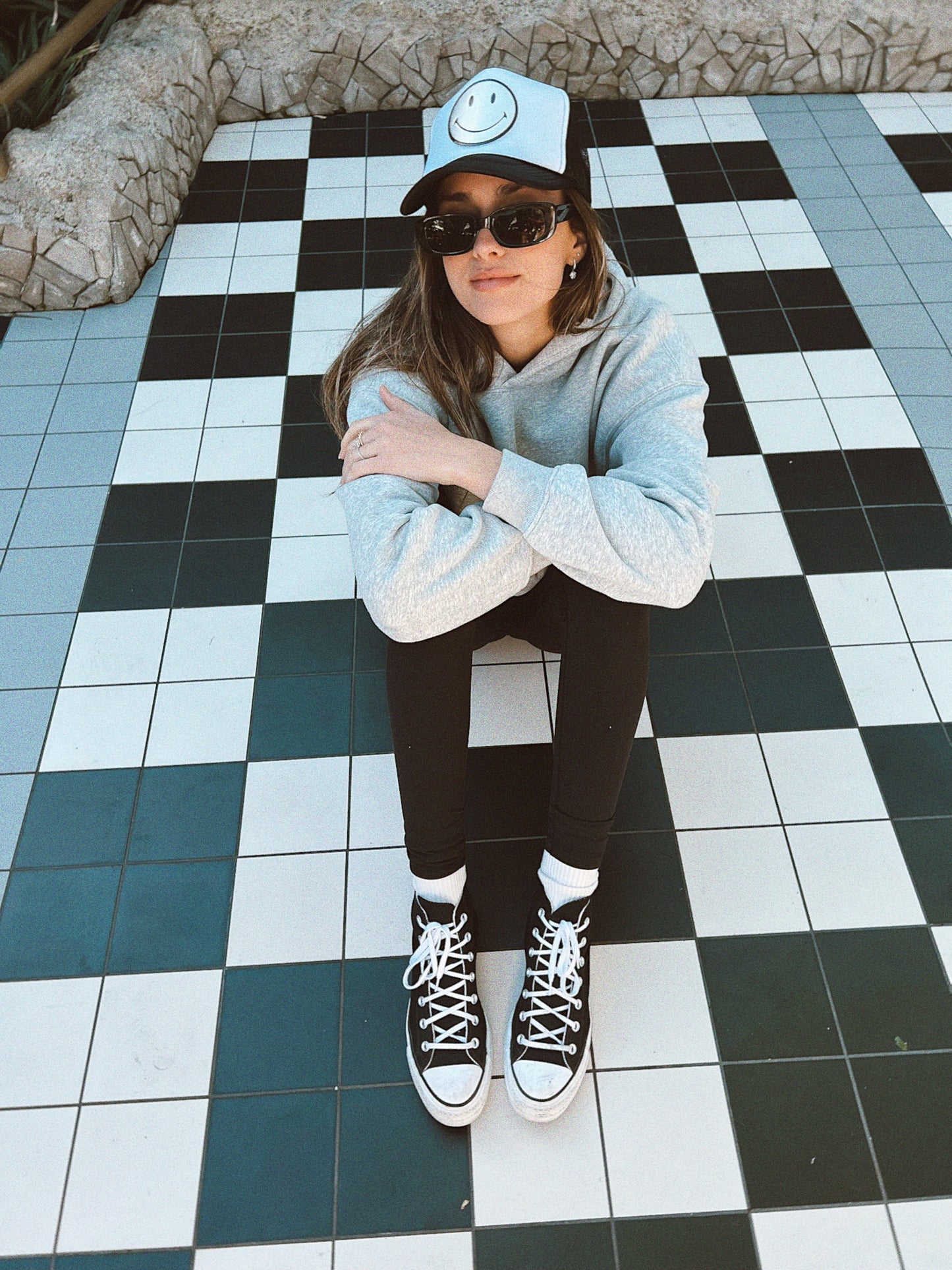 Silver Leather Smiley on Black and White Trucker Hat