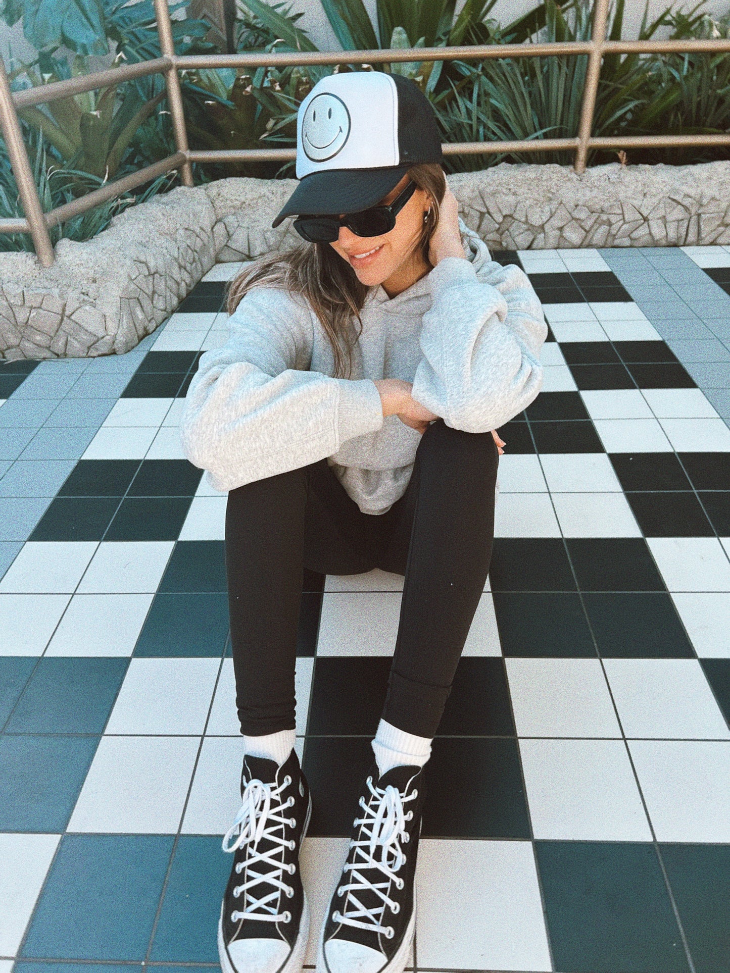 Silver Leather Smiley on Black and White Trucker Hat