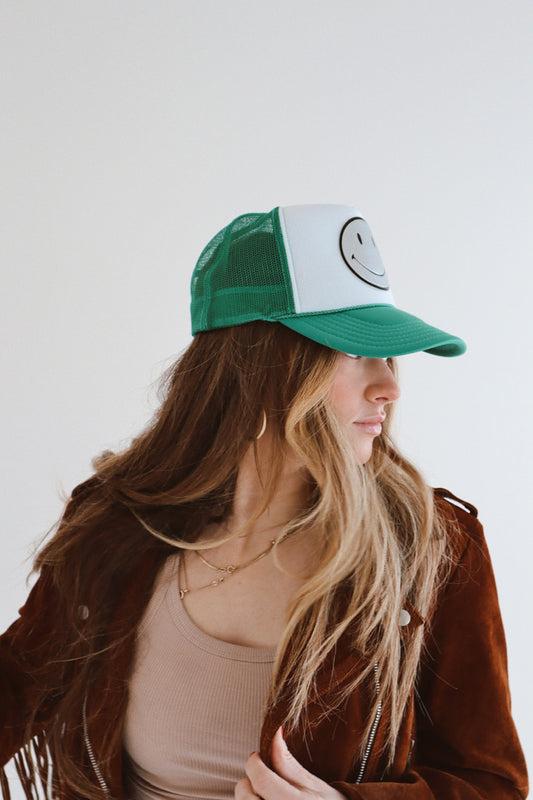 Silver Leather Smiley on Green and White Trucker Hat