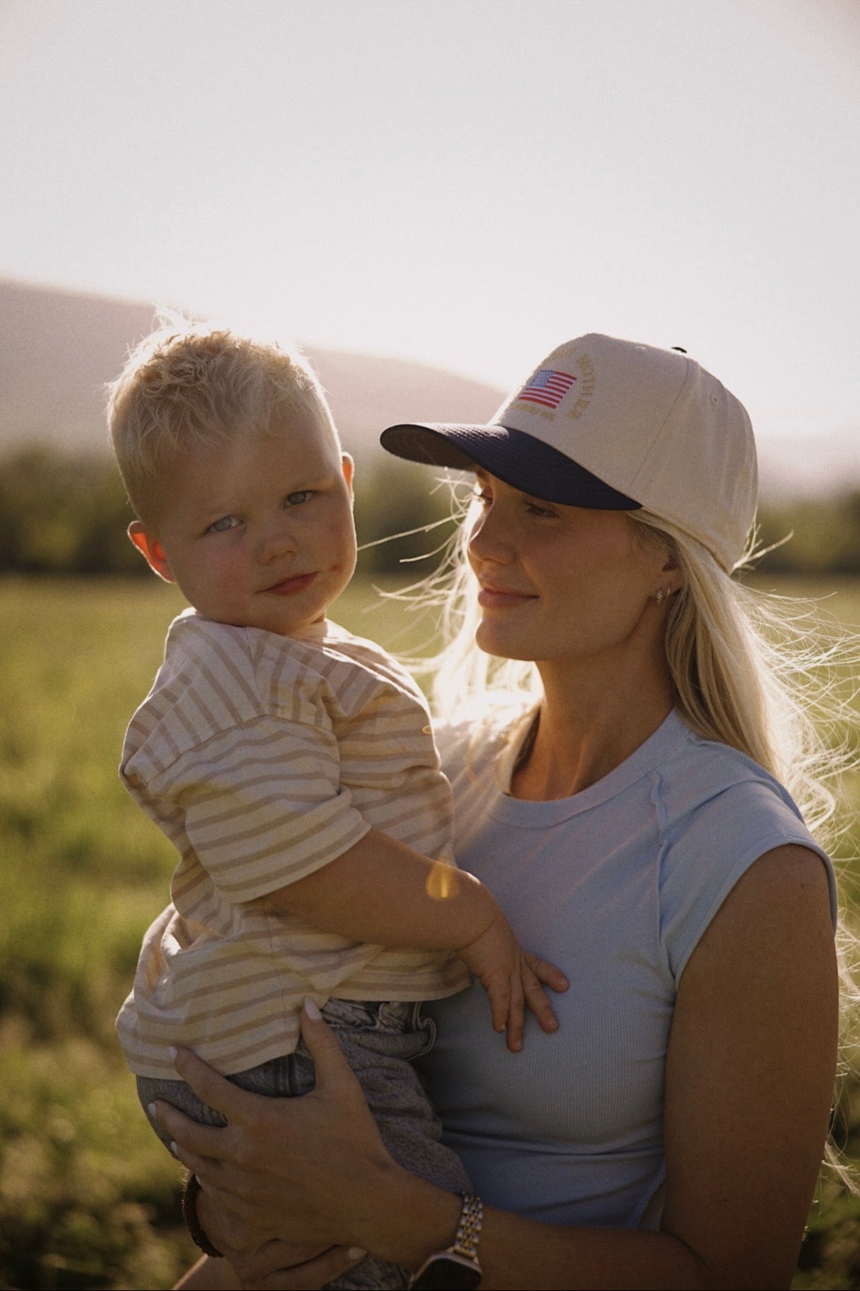 American Mother trucker hat on canvas Navy and Neutral