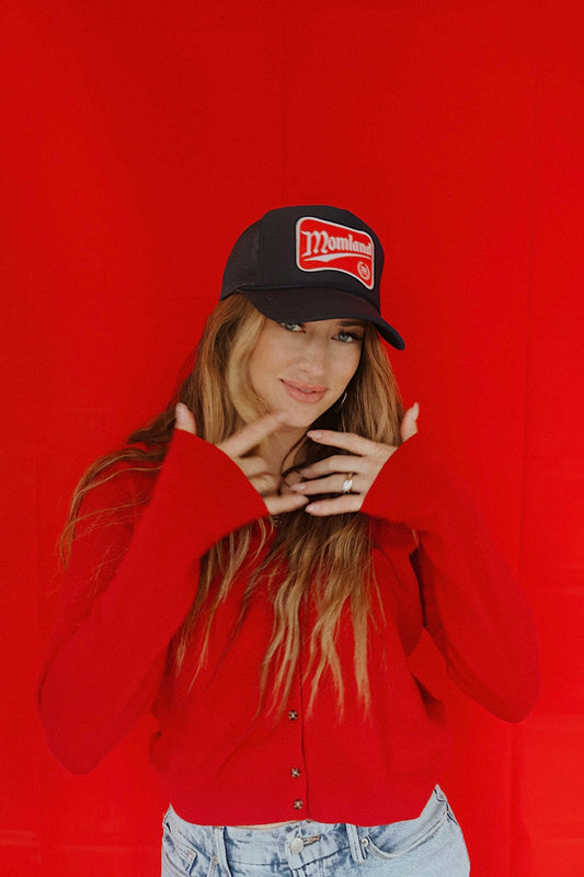 MOMLAND™️ Red Patch Trucker Hat in Navy