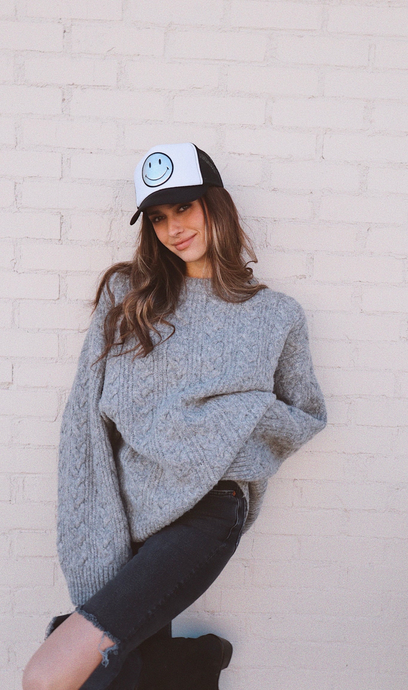 Silver Leather Smiley on Black and White Trucker Hat