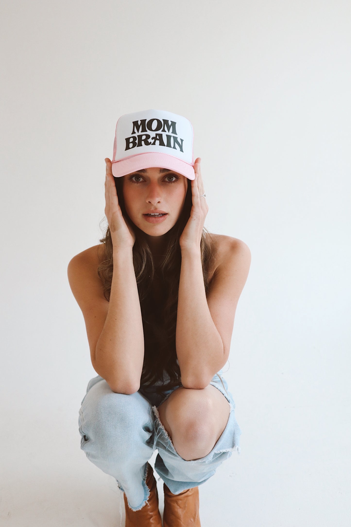 Mom Brain pink and white trucker hat