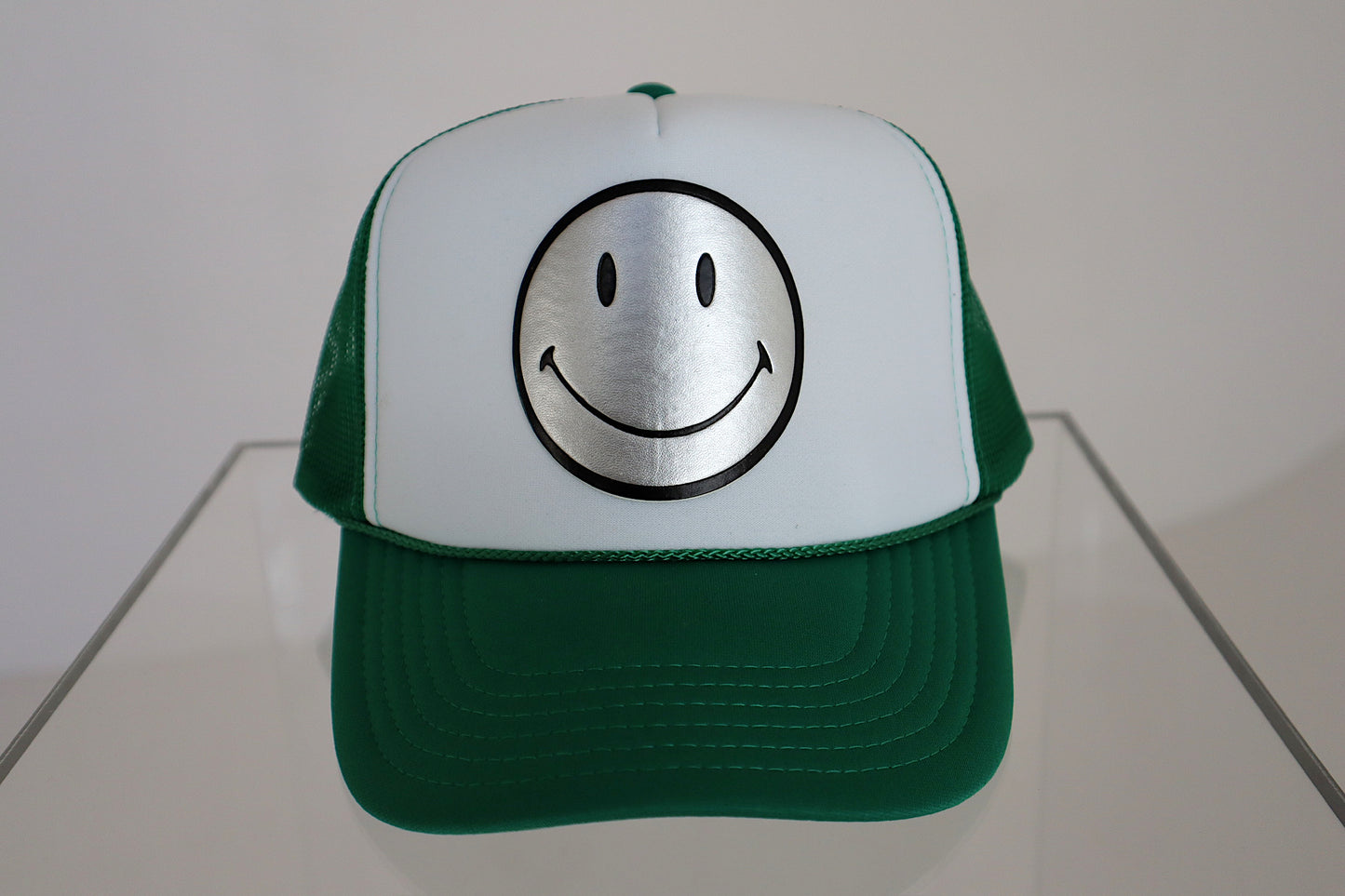 Silver Leather Smiley on Green and White Trucker Hat