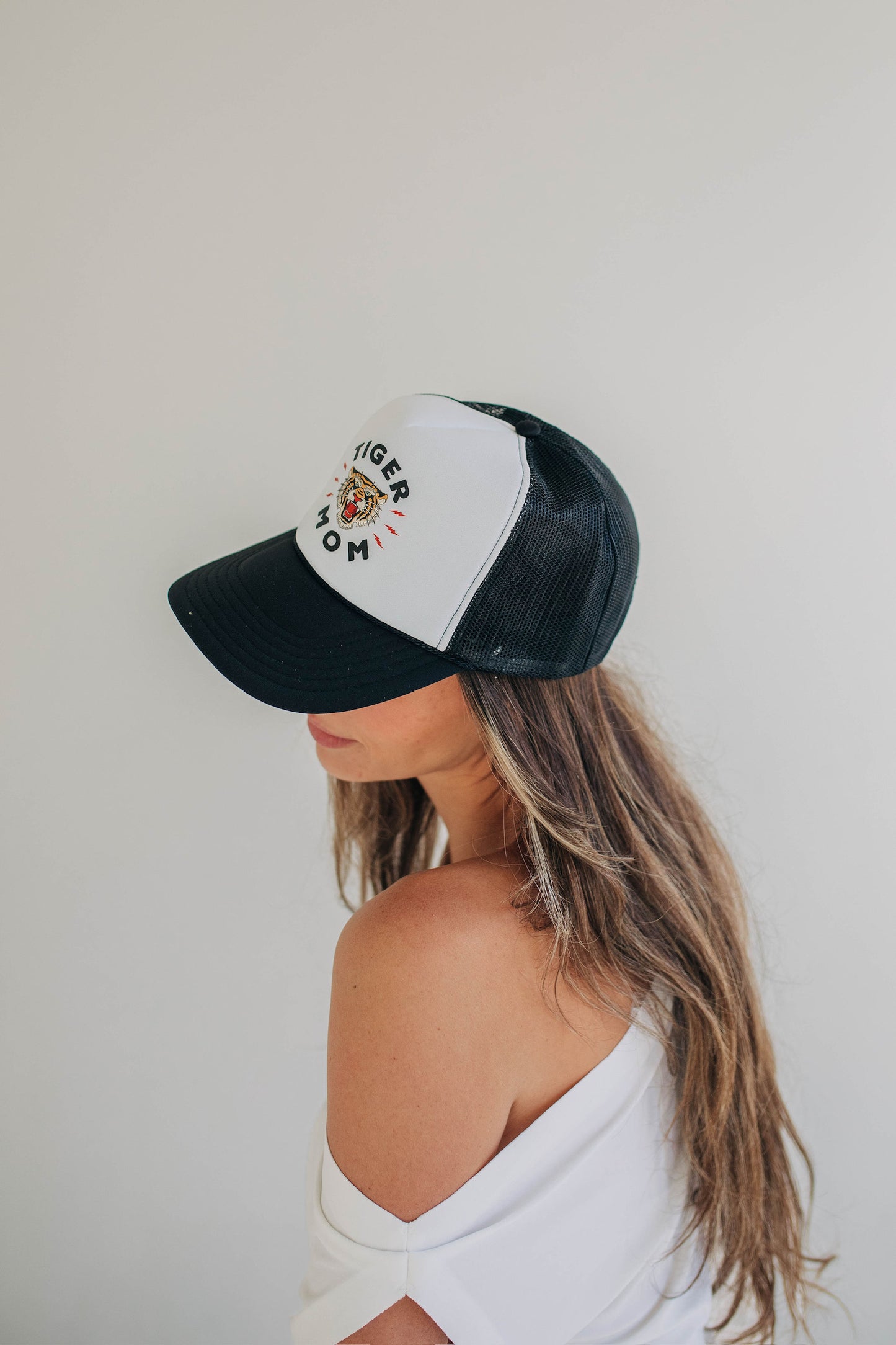 Tiger Mom Black and White Trucker