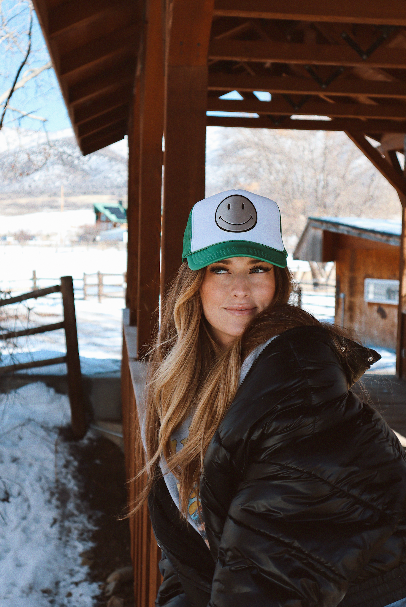 Silver Leather Smiley on Green and White Trucker Hat