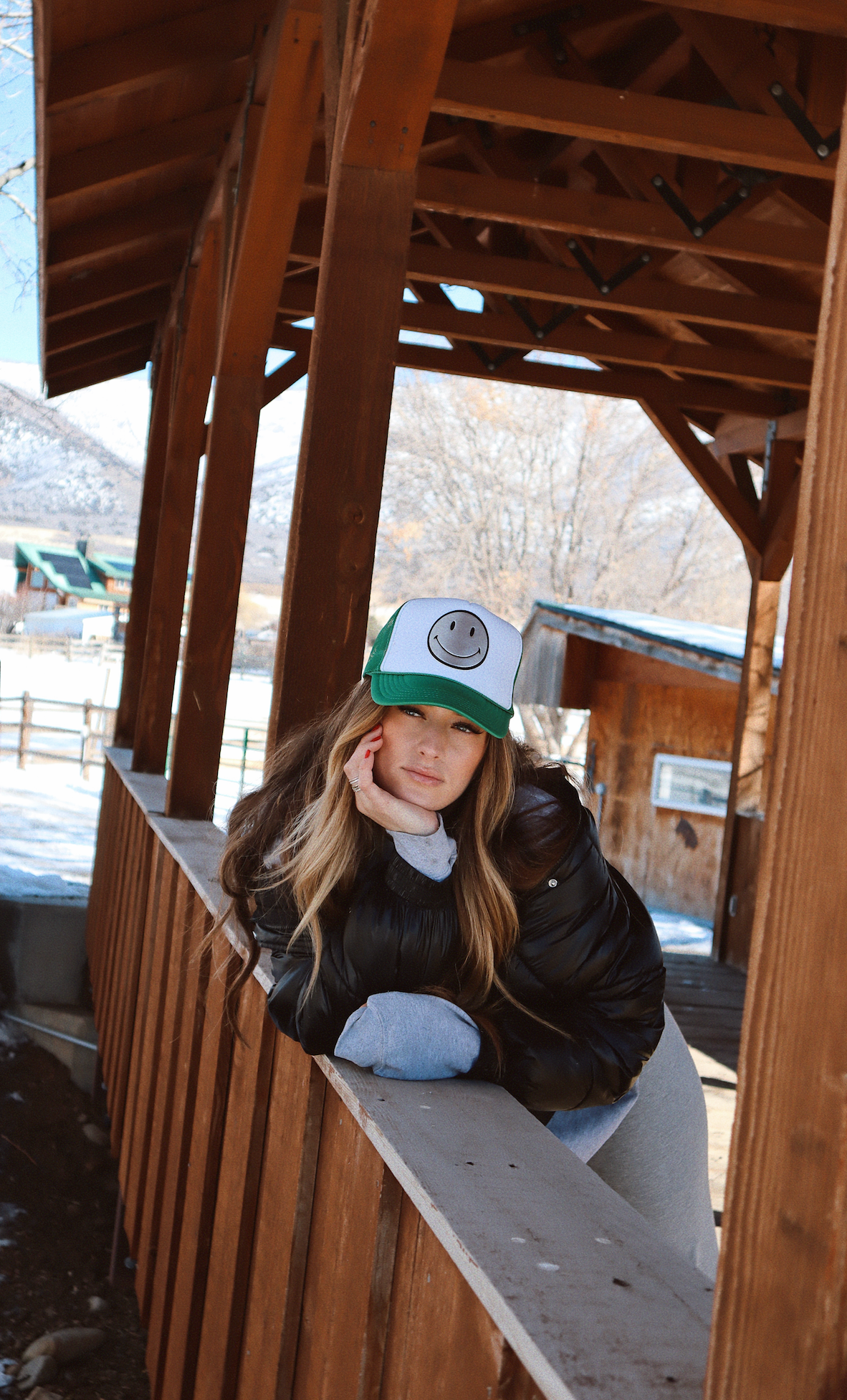 Silver Leather Smiley on Green and White Trucker Hat